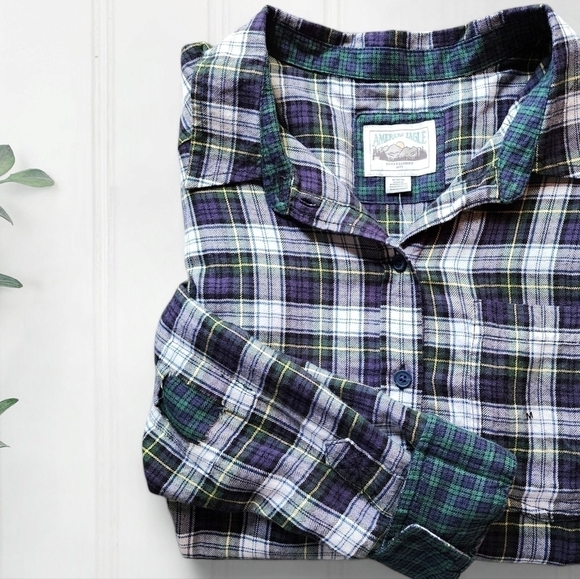 Ae | Cozy Cropped Tartan Flannel Blue Plaid Elbow Patches Womens Small S - Picture 2 of 13